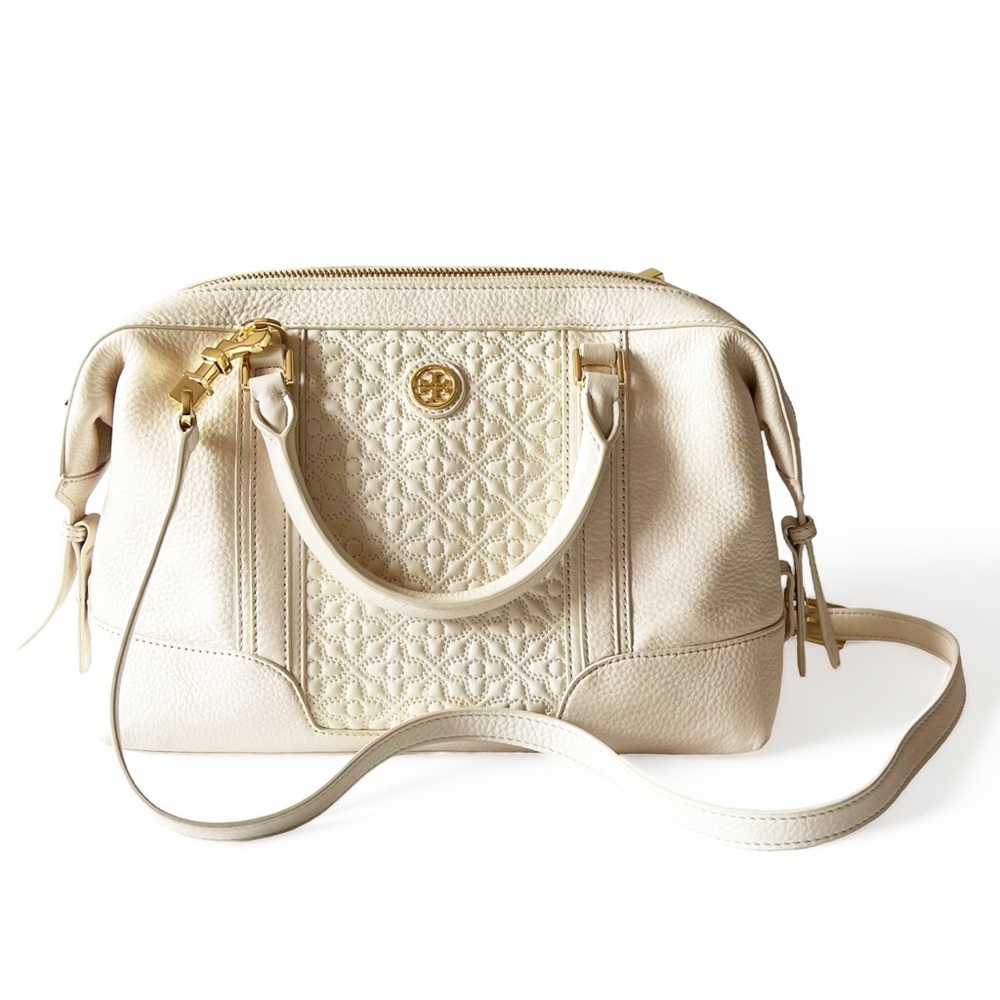 Tory Burch Bryant Satchel Quilted Leather Bag in Ivory